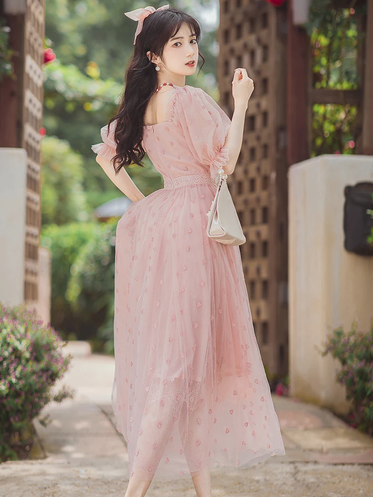 

Sweet gauze bubble sleeve princess skirt square collar slim dress
