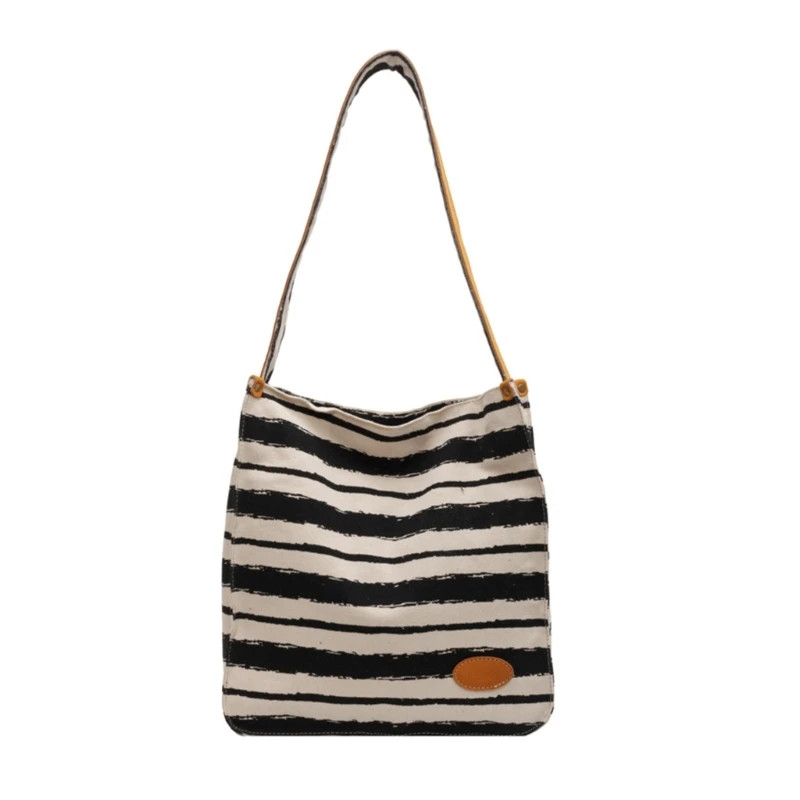 

Fashion Striped Canvas Tote Handbag Reusable Large Capacity Shoulder Bag Casual Shopping Bag