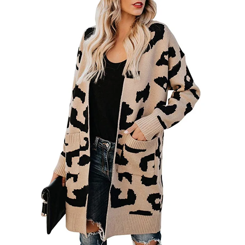 

Women's leopardo cardigan 2021 autumn and winter new sweater women's mid-length double-pocket casual knitted cardigan