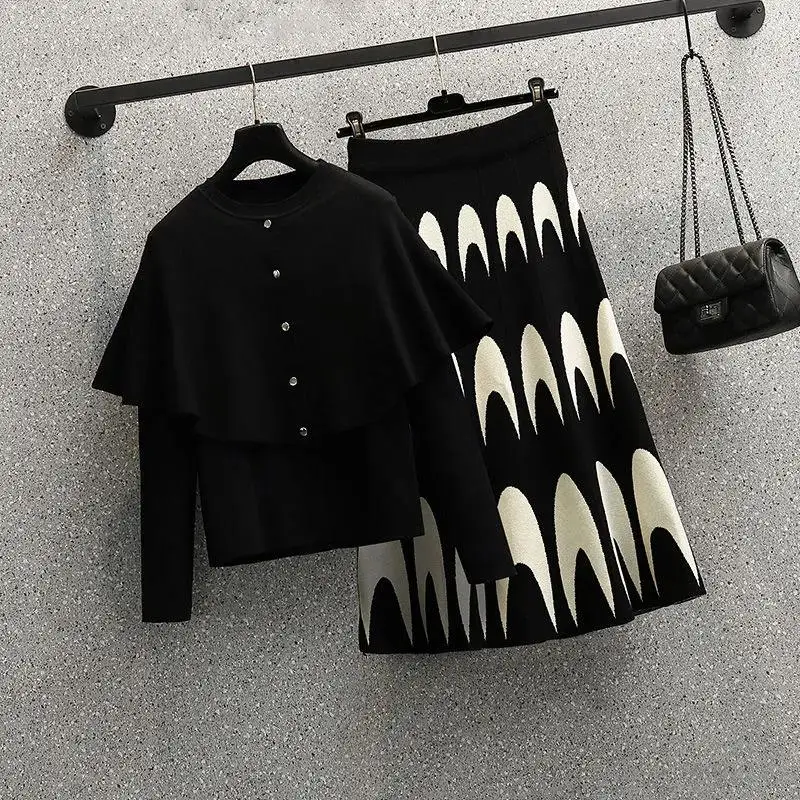 Осенне-зимний женский вязаный костюм пуловер свитер и Юбка До Колена с высокой