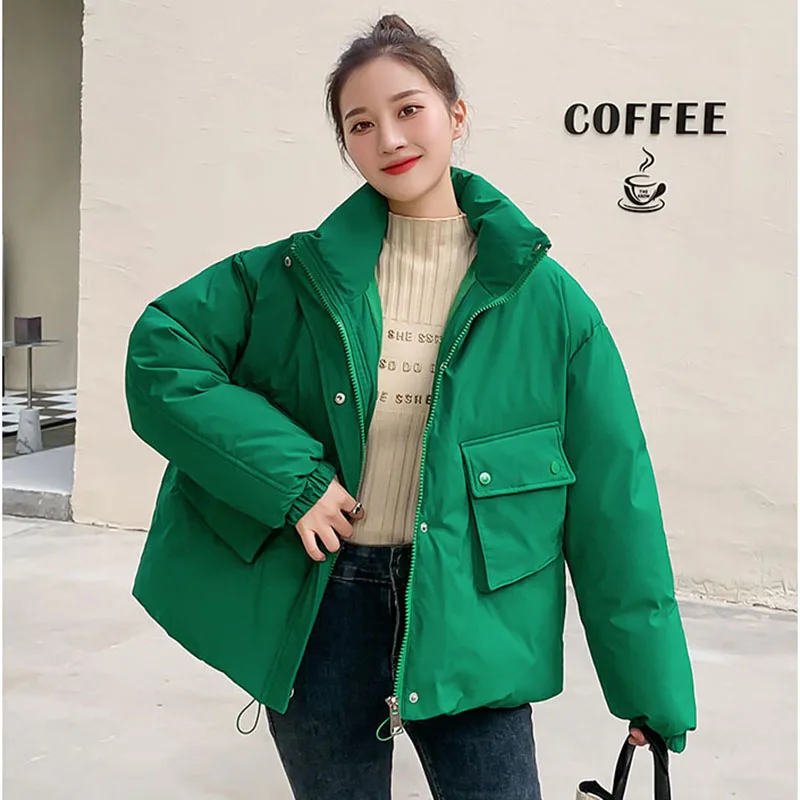 Korean loose Winter Coats Fashion Double Pocket Stand Collar Warm Thickened Zipper Drawstring Tooling Short Jackets Womens