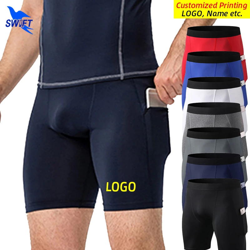Customize Logo Men Gym Fitness Shorts Side Pocket Running Training Tights Wicking Quick Dry Elastic Short Pants Sports Leggings