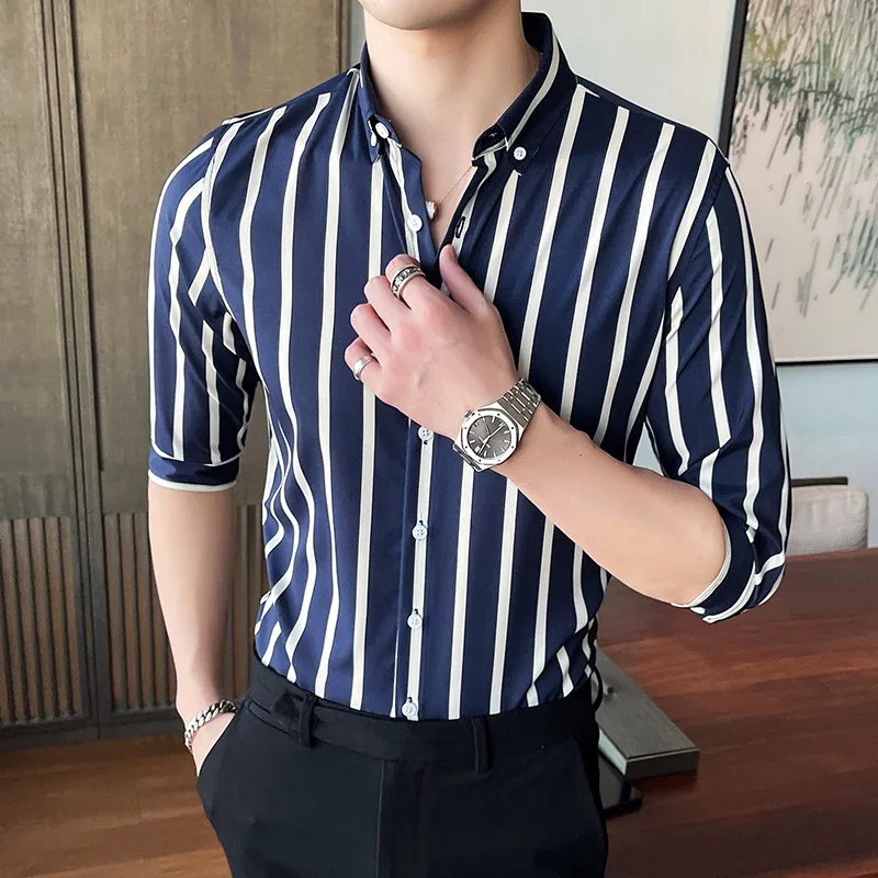 

2023 New Summer Half Sleeve Stretched Striped Shirts Simple Slim Fit Casual Men Chemise Homme Formal Wear Plus Size 5XL-M