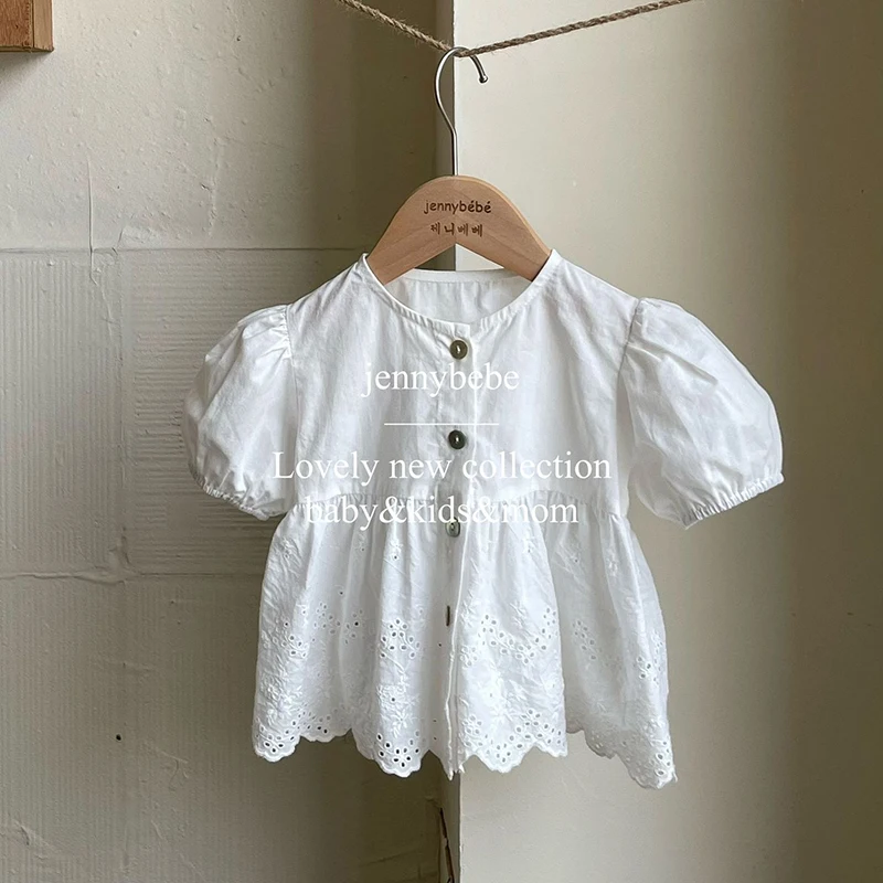 

Elegant Toddler Girls Lace Embroidery Blouses Shirts Kids 2023 Summer Tops 0-6Years Baby T-Shirt Children Clothes