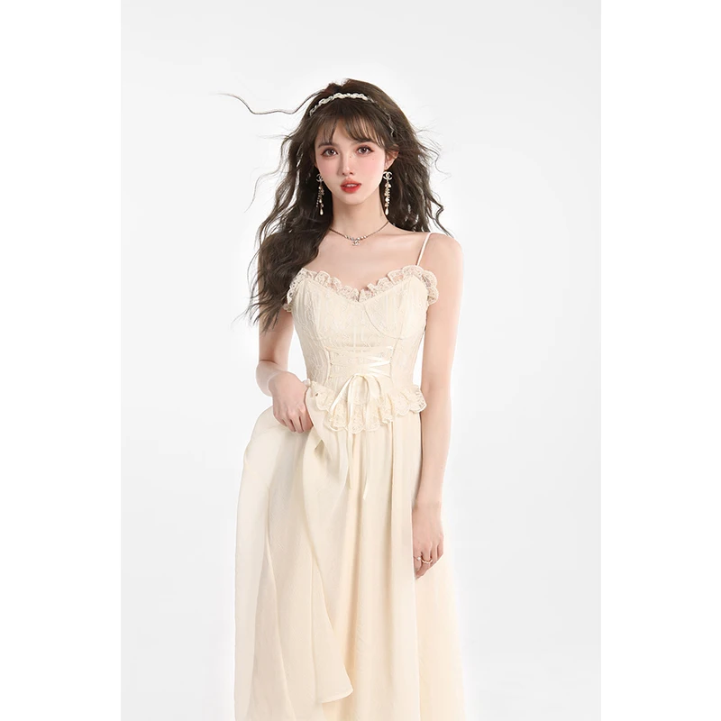

Women's Straps Dress V Neck Lace Patchwork Sleeveless French Casual Sexy Fashion Self Cultivation Long Skirt Ladies Summer