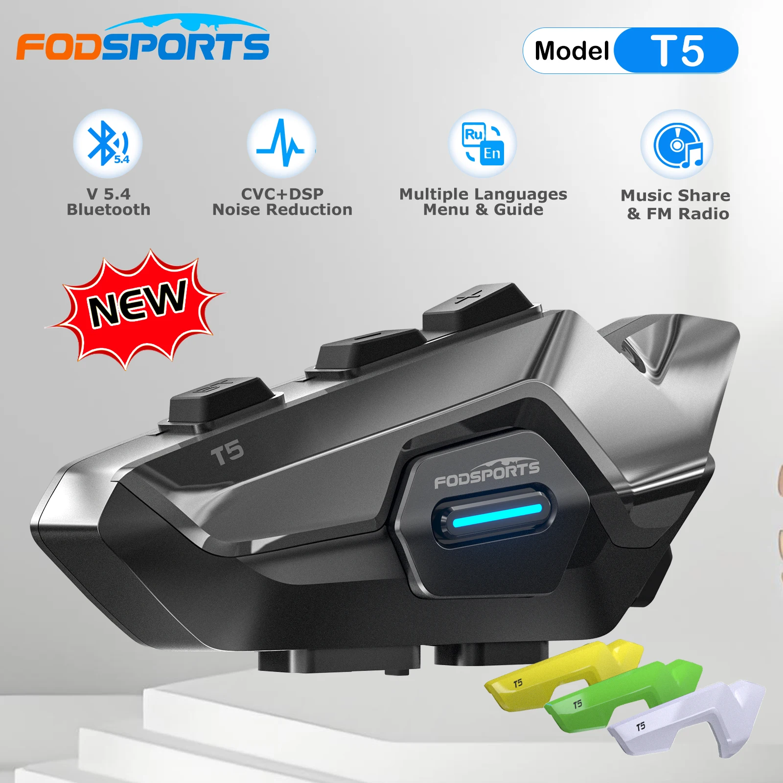 

Новые Bluetooth-гарнитуры для мотоциклетного домофона Fodsports T5, BT5.4 Moto Communicator, Music Share, FM, несколько языковых меню