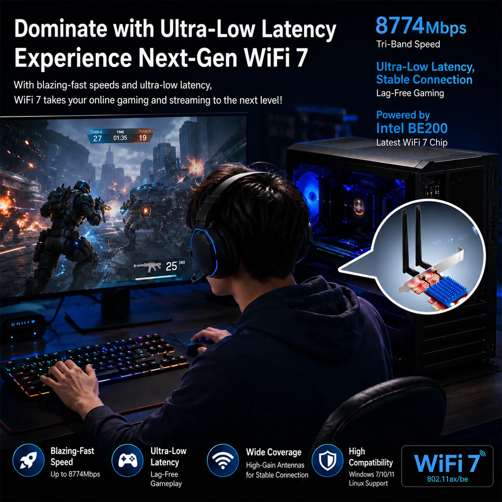 BZIZU Intel BE200 WiFi 7 PCIe-адаптер, 8774 Мбитс, трехдиапазонный 6 ГГц, Bluetooth 5.4, PCIe X1 для настольных ПК (art.: 3920db05102ef) - 3920db05102ef