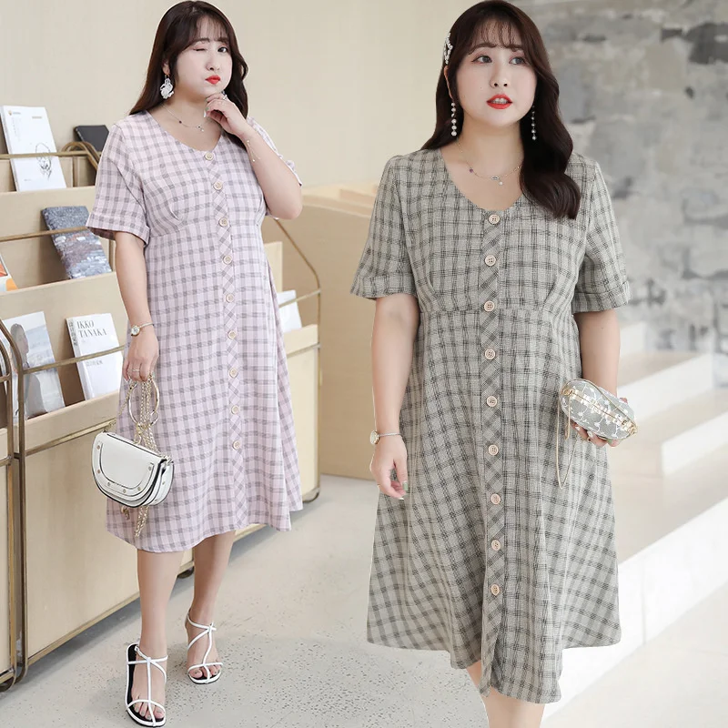 

Xl-5xl размера плюс [xuanchen] Fat Mm французский миноритарный Копченый 2020 летнее большое платье Маленькая свежая клетчатая юбка 6600-bfd