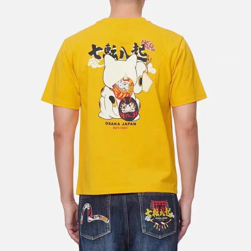 Y2k стильная желтая футболка Lucky Cat Dharma с принтом Мужская свободная дышащая