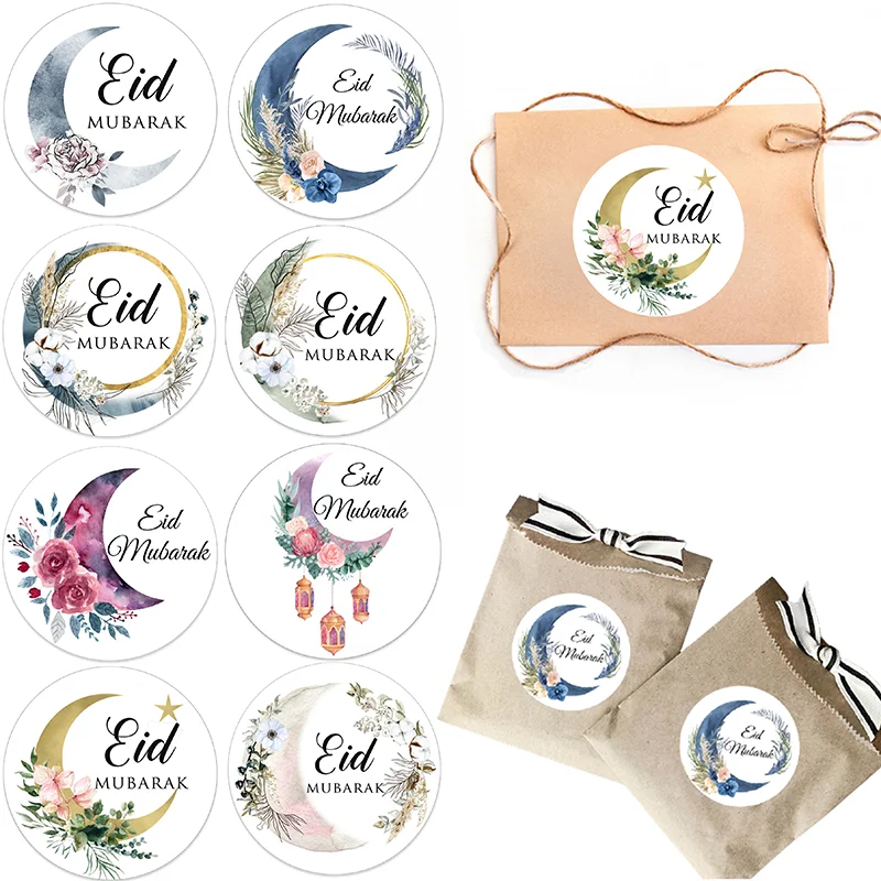 

3.5/4.5cm Eid Mubarak Moon Floral Paper Sticker Lablels Gift Lable Seal Sticker Islamic Eid Al-fitr Celebration Party Supplies