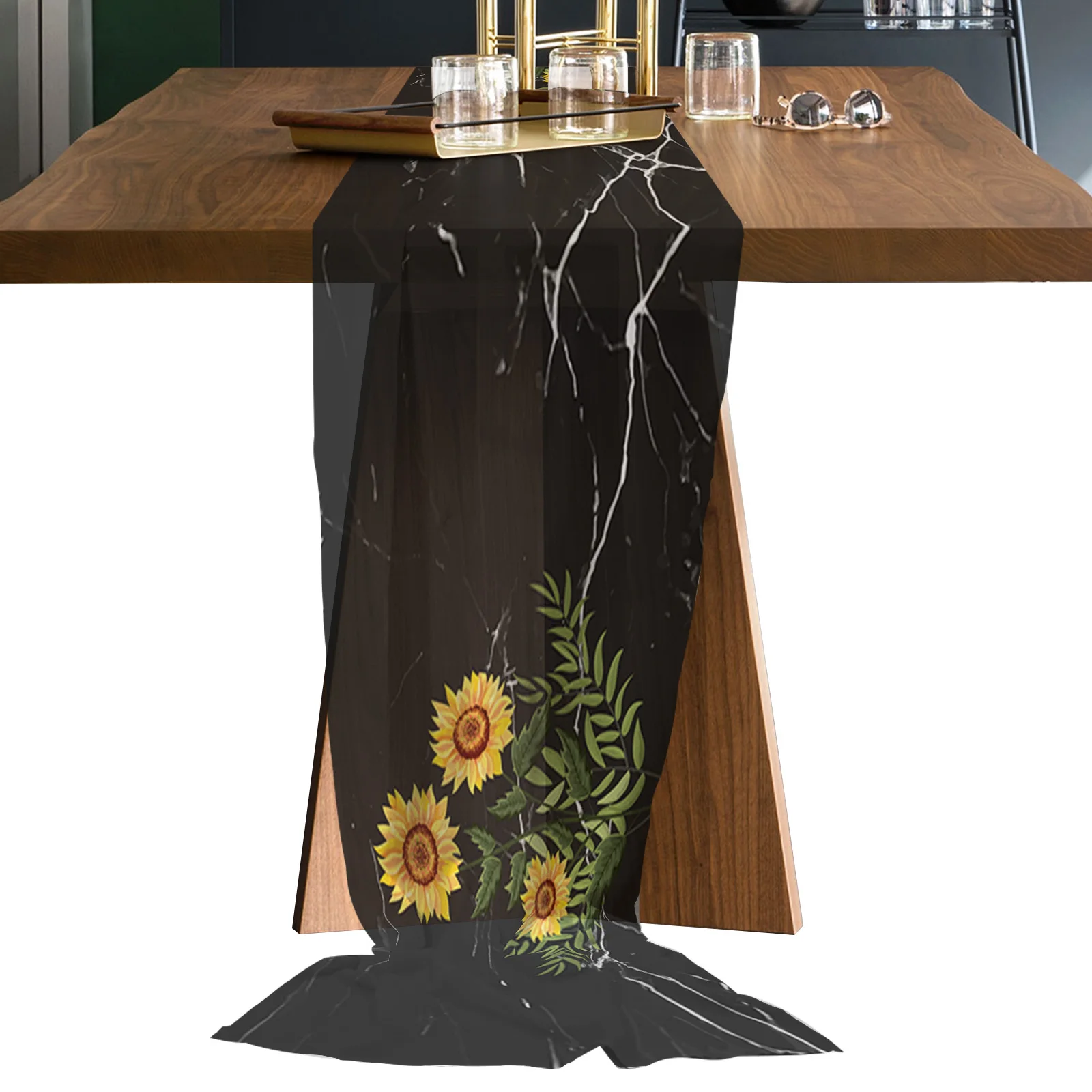 

Black Marble Sunflower Chiffon Table Runners Wedding Party Decor Tablecloth Gauze Table Runner for Home Coffee Table