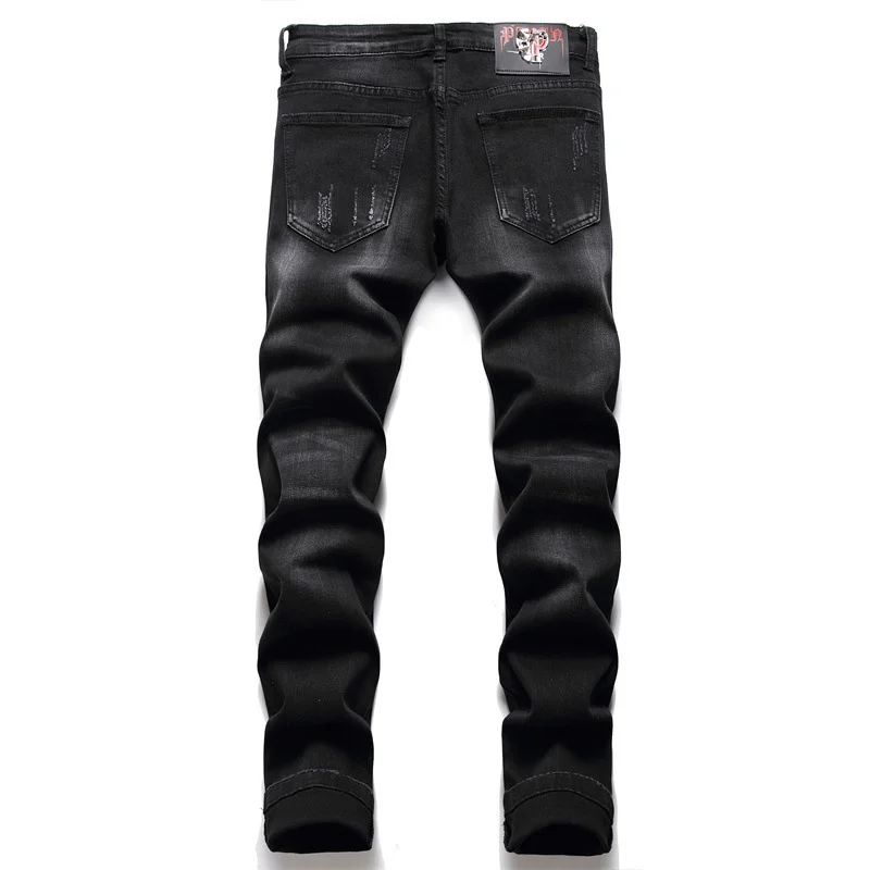 New Ripped Black Jeans Men's Hip-hop Fashion Skull Embroidery Slim Stretch Pants Nightclub Motorcycle Trend Clothing Streetwear
