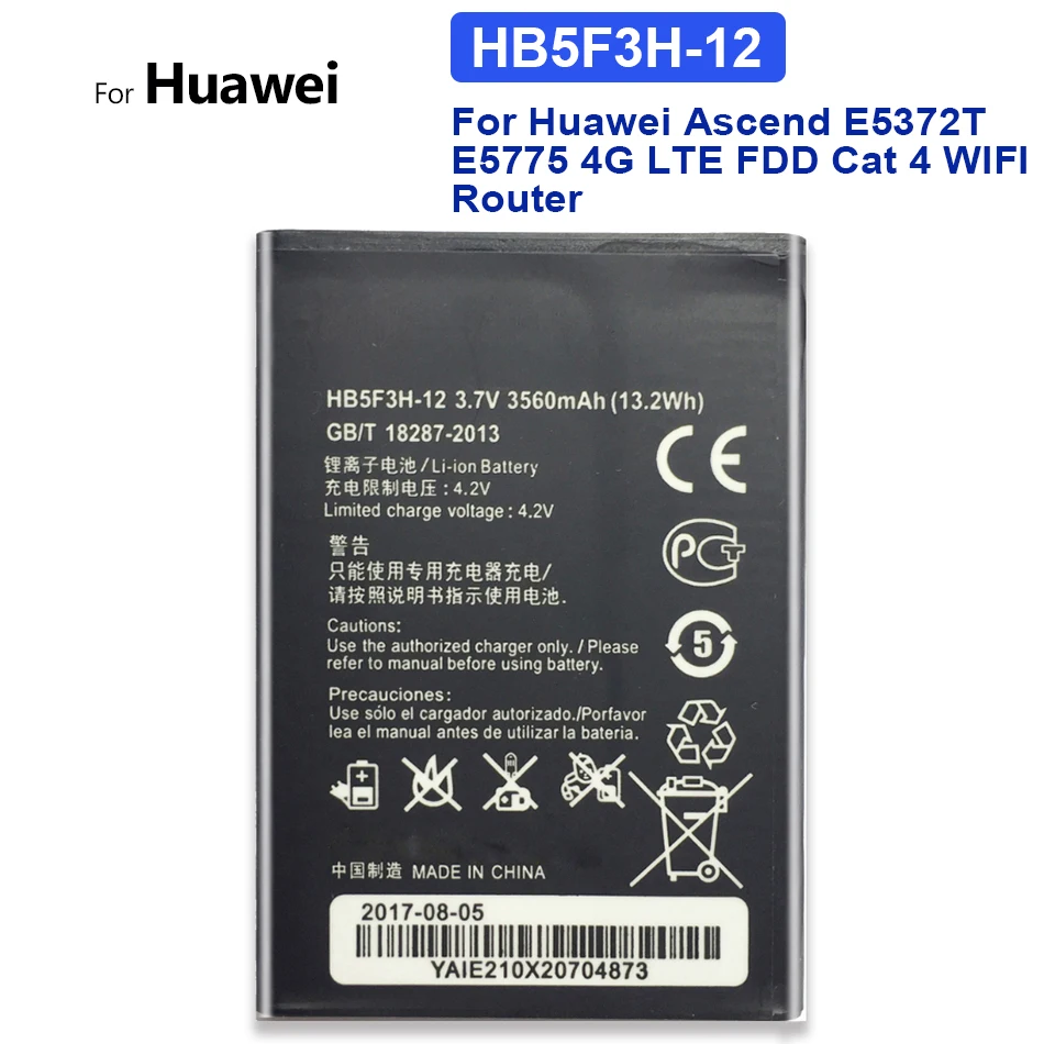 

Replacement Battery For Huawei Ascend E5372T E5775 4G LTE FDD Cat 4 WIFI Router Battery 3560mAh HB5F3H HB5F3H-12 with Track Code