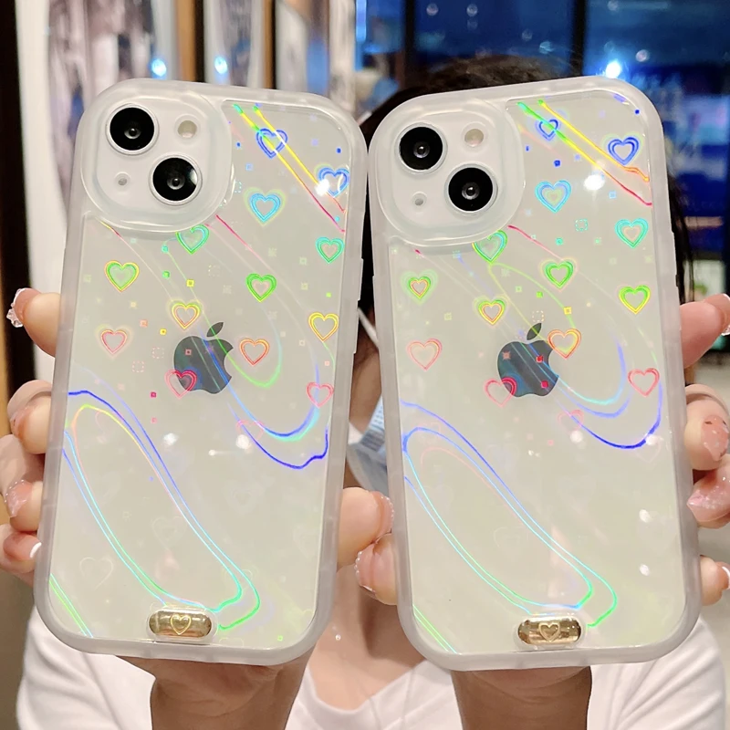 

UEGO Transparent Gradient Laser Wave Love Heart Clear Phone Case For iPhone 11 13 12 Pro Max X XS XR 7 8 Plus SE 20 Bumper Cover