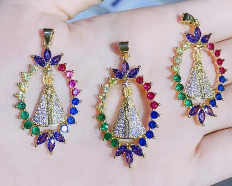 

Овальный модный микро-выложенный фианитами камень ювелирные изделия Золотой Радужный Кристалл Дева Мария религиозное Ожерелье Подвеска ...