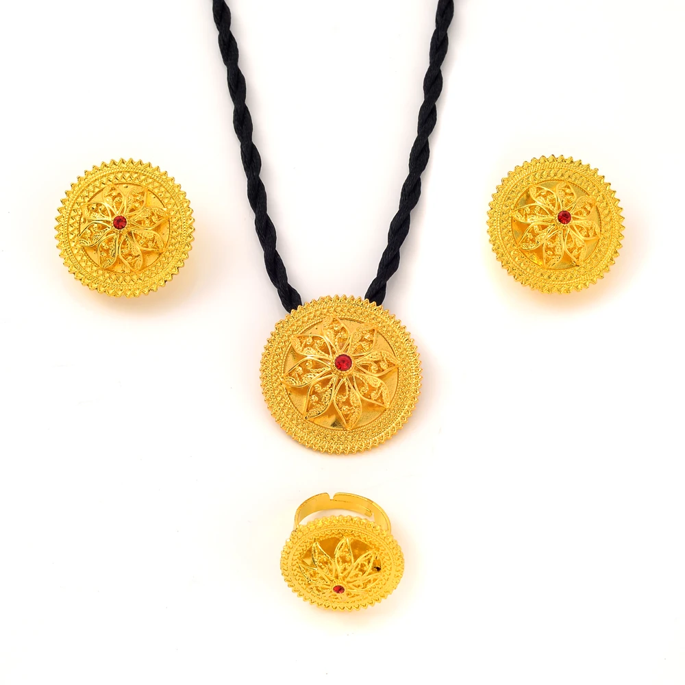 

Ethiopian/Isreal Traditional Jewelry sets Pendant Necklaces Earrings Ring for Womens Gold Color Eritrean African Bride Gifts