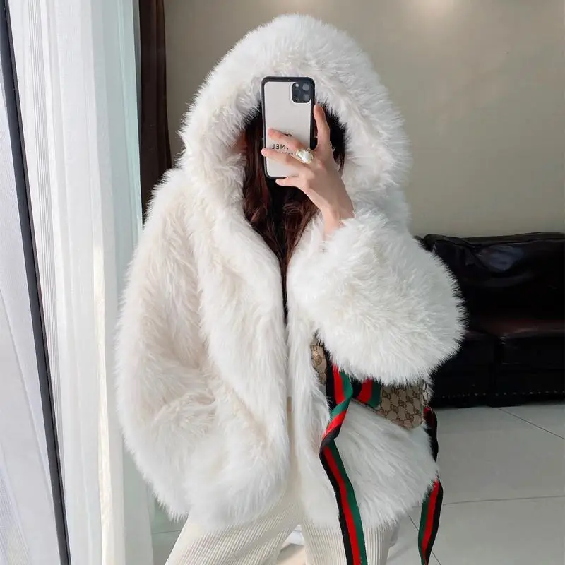 Fur coat female winter 2YK Korean fashion hooded environmental protection imitation fox fur loose Harajuku Slim fur coat