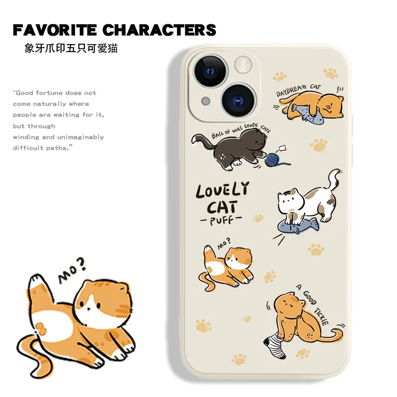 

Creative Cartoon Cute Five Cat Phone Case For IPhone 14Pro Max 13Plus 12 11 X XR/XS INS Style Liquid Silicone Shockproof Cover
