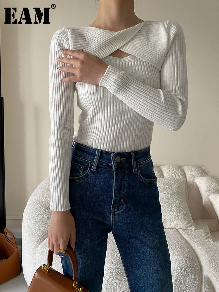 

[EAM] тонкий вязаный свитер белого цвета и цвета хаки с вырезом, круглый вырез, длинный рукав, женские пуловеры, новая мода, весна-осень 2023 1DF4014