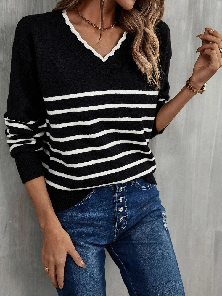 

New V Neck Knitted Pullover Fashion New Street Dress Women's Loose Sweater Striped Long Sleeve Padded Jacket Autumn Winter Tops