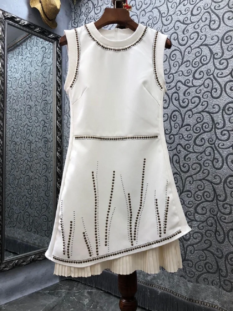 

Top Quality New Spring Summer Party Women Dress O-Neck Studs Beading Deco Sleeveless Slim Fitted A-Line Casual Pleated Dress