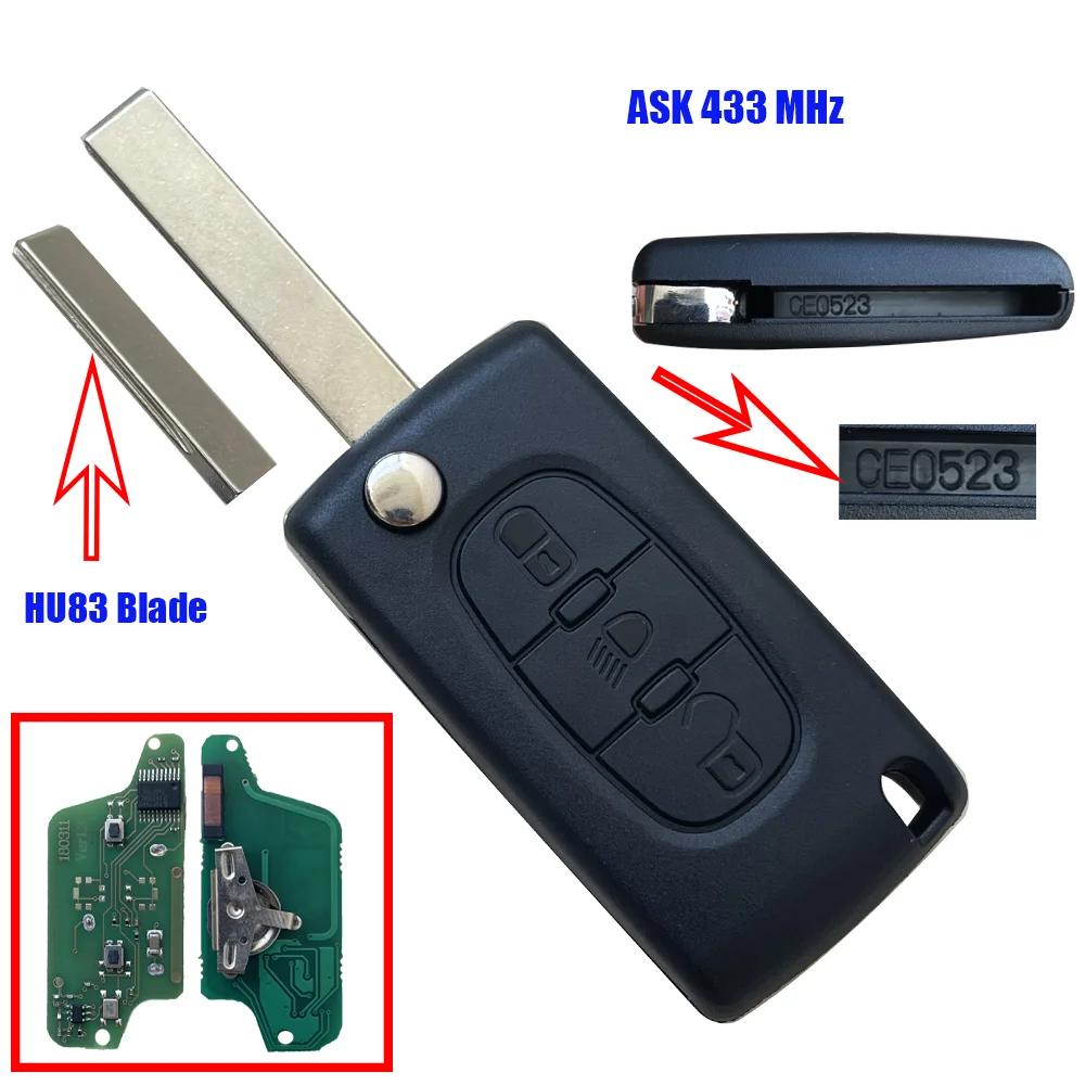 

CE0523 CE0536 для Citroen C5 X7 C2 C3 C4 Grand Picasso Berlingo C6 C8 светильник кнопка дистанционного управления автомобильный ключ VA2/HU83 ASK/FSK 433 МГц ID46
