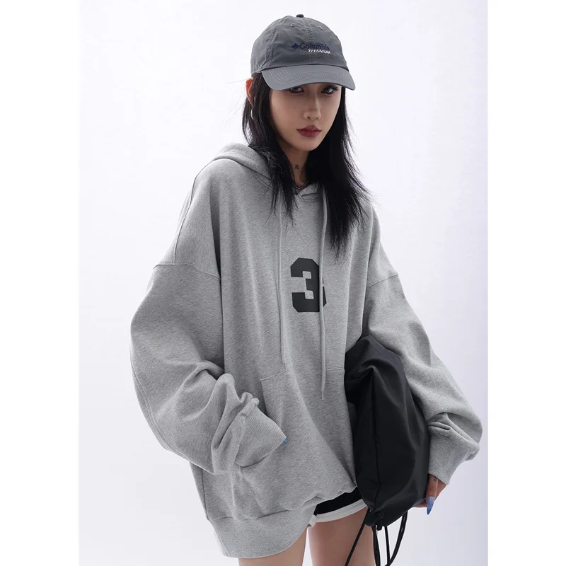 

Свитшот женский серый с капюшоном, модный винтажный утепленный пуловер оверсайз в стиле хип-хоп с надписью и вышивкой, зима