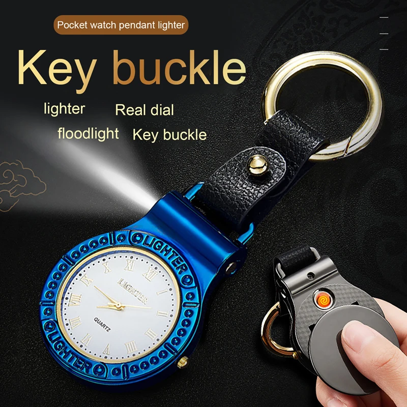 

New Creative Pocket Watch Car Keychain Lighter Clock USB Lighter with LED Lamp Smoke Accessories Electric Heating Wire