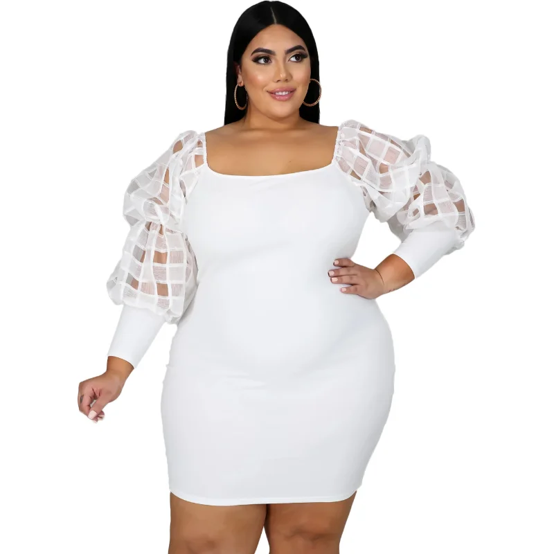 Plus Size Women Clothing Birthday Dresses for Women 2022 Dresses Autumn Winter 2023 Solid Puff Sleeve Sheath Above Knee Mini