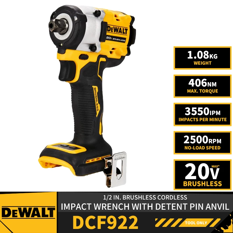 

DEWALT DCF922 1/2in Brushless Cordless Impact Wrench With Detent Pin Anvil 20V Lithium Power Tools 2500RPM 3550IPM 406NM