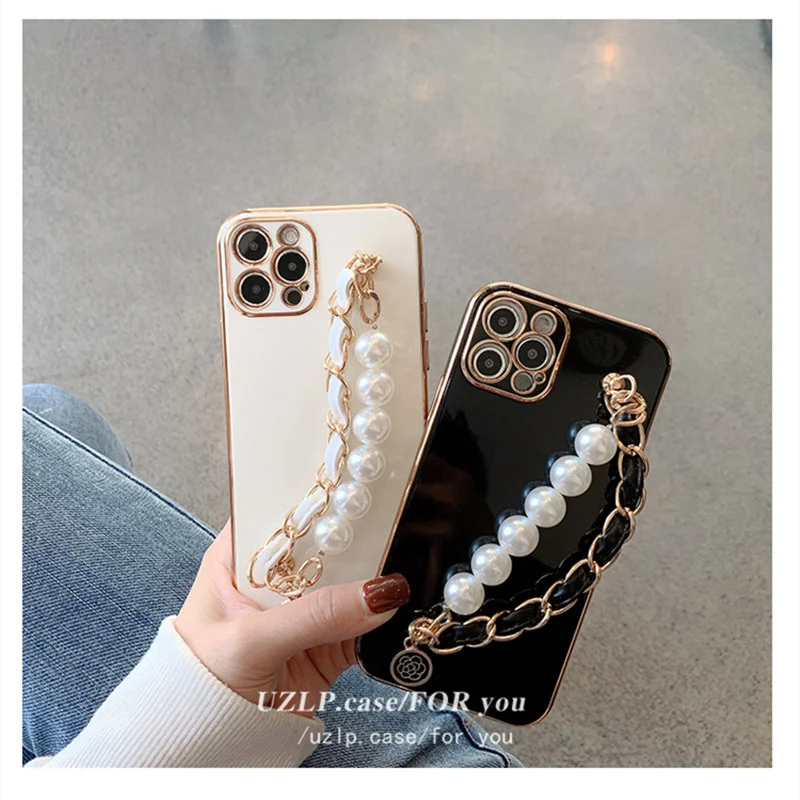 Мягкий чехол для iPhone Роскошный с кожаным браслетом и жемчугом подходит 12 Pro max mini 11