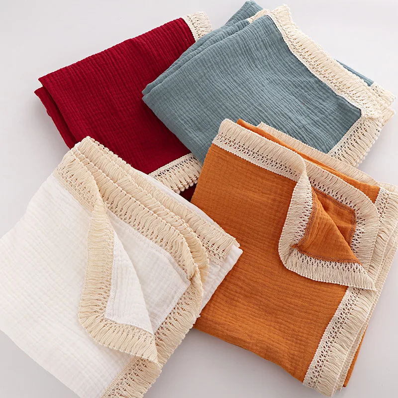Solid Color Baby Tassel Swaddle Blanket Newborn Cotton Muslin Wrap Receiving Blanket Baby Gauze Towel Infant Sleeping Quilt
