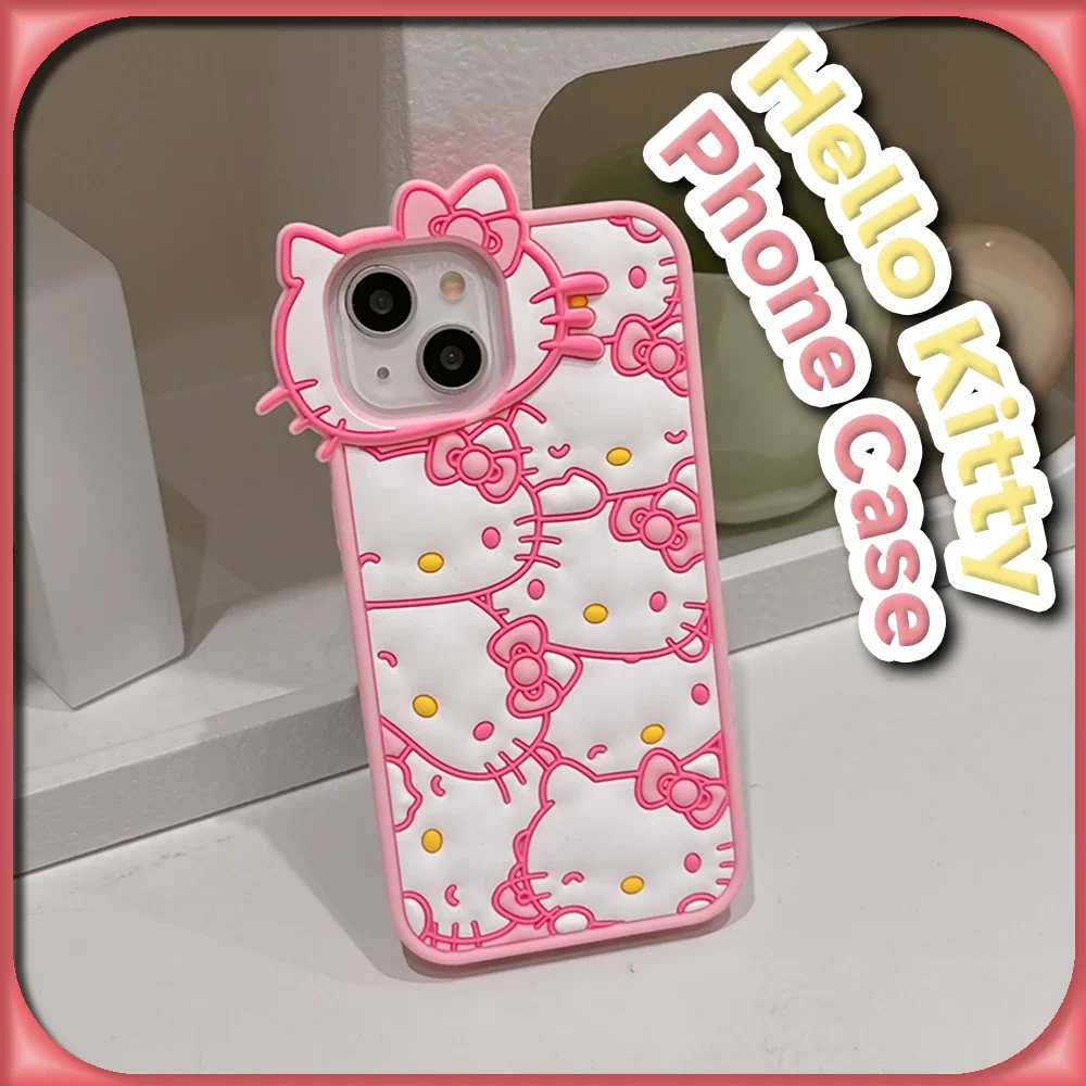 Силиконовый противоударный чехол Kawaii Hello Kitty 3D для iPhone 15 14 13 12 Pro Max Sanrio милый модный