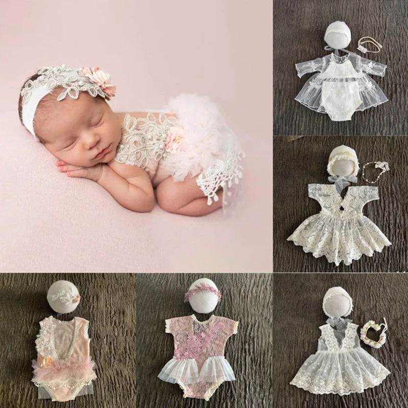 

Newborn 1 Month Photography Clothing Infant Girls Lace Flower Dress Headband Cap Kit Baby One Month Souvenir Shooting Outfits