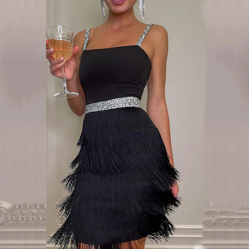 

Fashion Bright Silk Sling Waist Dress Ladies Summer Sleeveless Solid Cocktail Party Dress Chic Tassel Backless Slim Mini Dresses