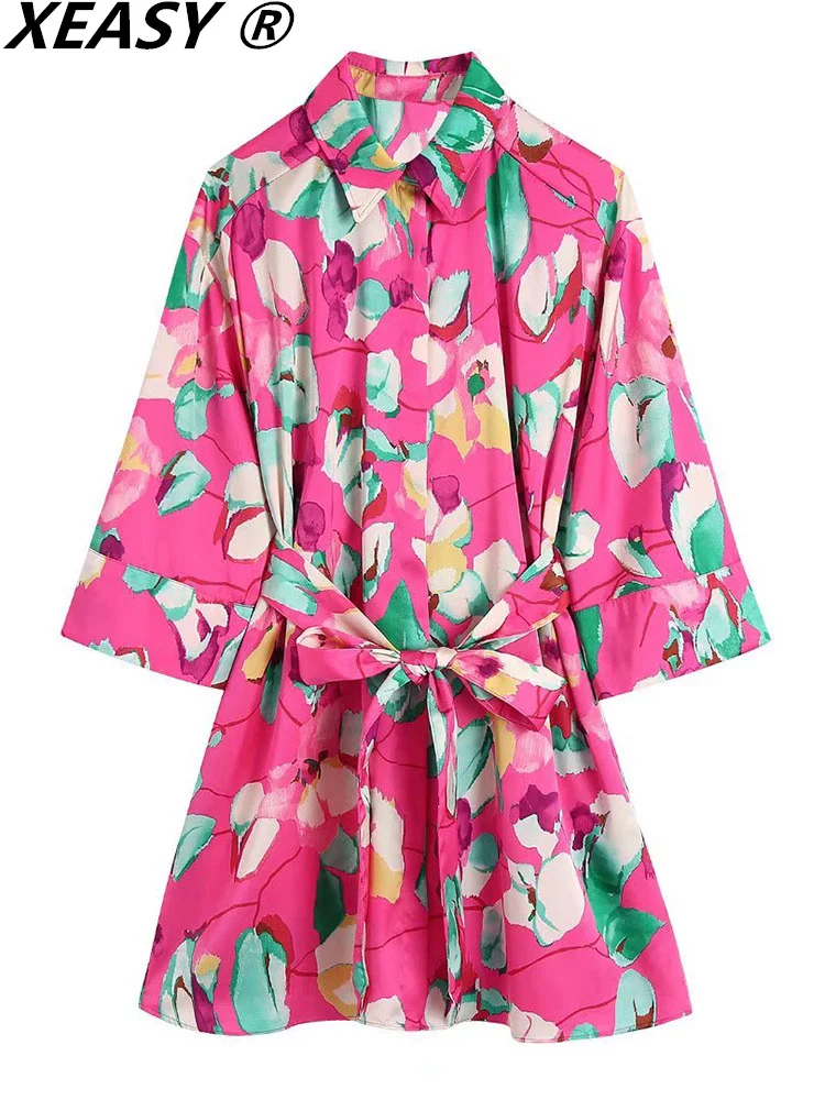 

XEASY Summer Dresses For Women 2022 Casual Shirt Dress Mini Women's Clothing Vintage Dress Floral Print