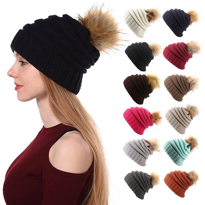 

Fashion Solid Color Knitted Beanies Hat Winter Warm Hats Children Girl Boy Wool Fur Bobble Ball Pompom Beanies Hats Sport Bonnet
