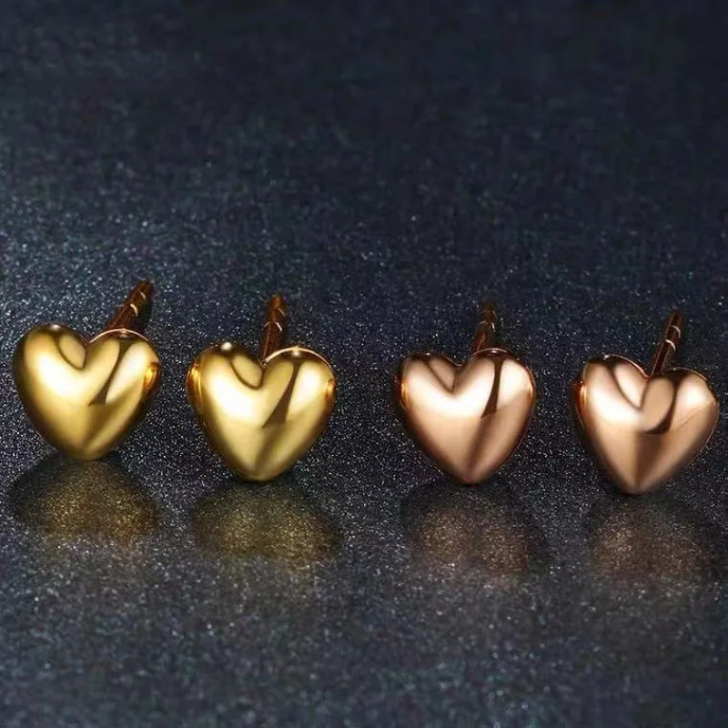 

Real 18K Yellow Gold Earrings For Women Polish Loving Heart Real Rose Gold Smooth Ball 3mm Earrings Stud Jewelry Gift