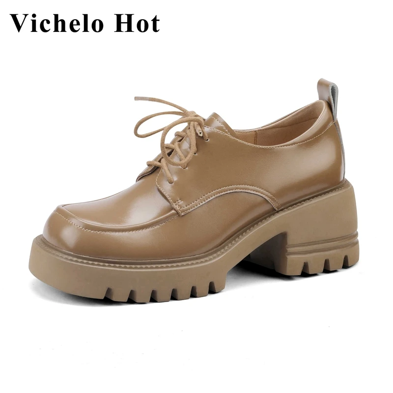 

Vichelo Hot genuine leather round toe high heels England style deep mouth breathable cozy cross-tied handmade women pumps L8f3