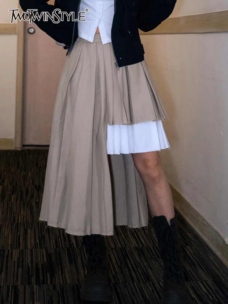 

TWOTWINSTYLE Casual Patchwork Irregular Hem Skirt For Women High Waist Loose Colorblock Midi Skirts Female Clothing 2022 Clothes