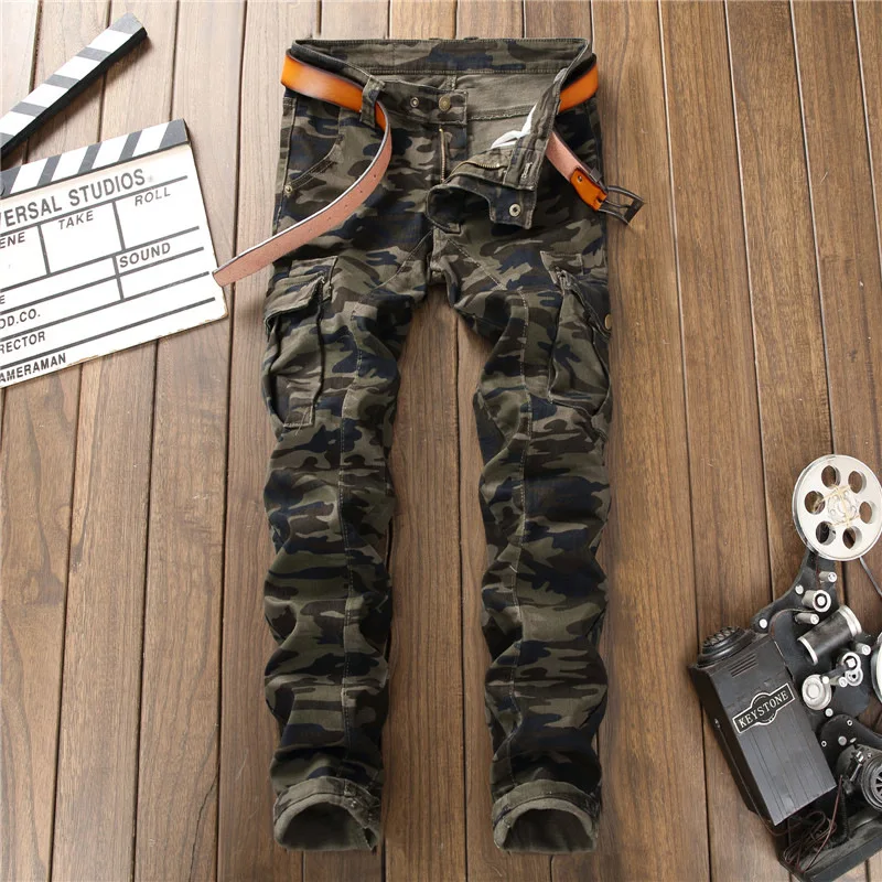

2022 New fashion brand Korean style military style tight pockets multi-zipper camouflage stitching men's denim pants