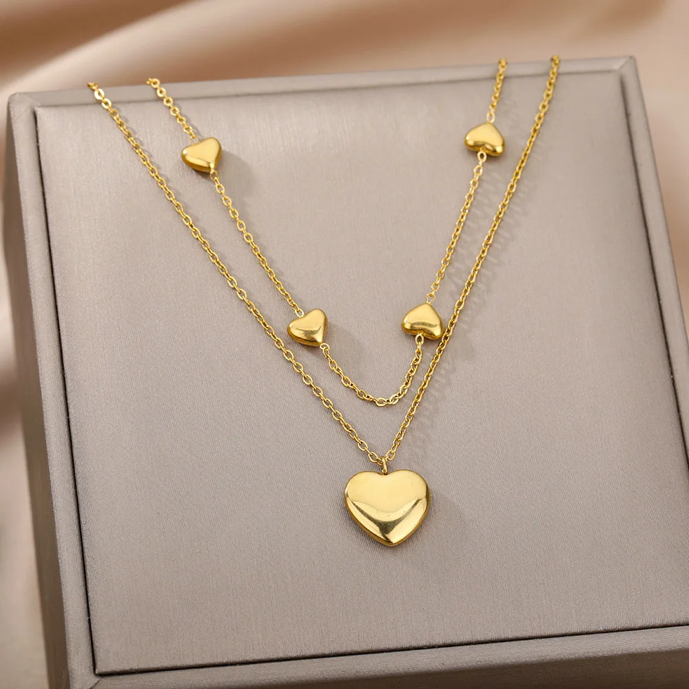 

Multilayer Heart Necklaces For Women Stainless Steel Gold Plated Heart Pendant Chain Choker Necklace Wedding Jewerly Gift BFF