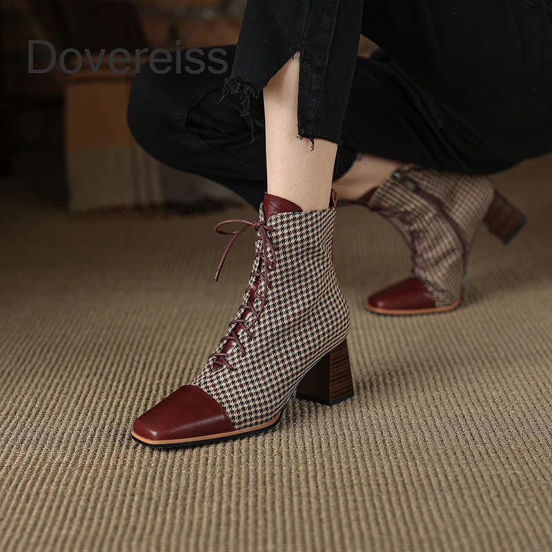

2022 Winter Brown Female Boots Cross Tied Ankle Boots Matin Chunky Heels Genuine Leather Short Ladies Boots New Big Size41 42 43