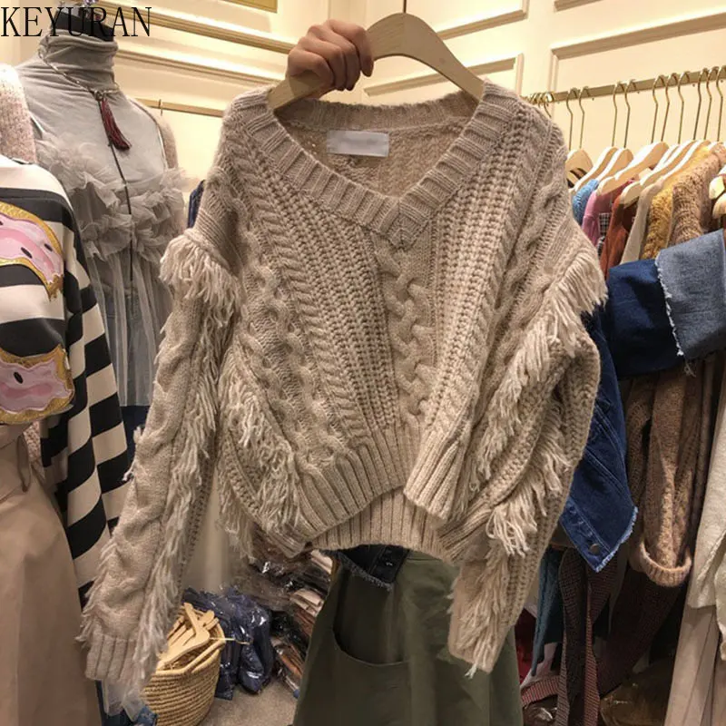 

Korean Spliced Tassel Knitted Pullover Sweater Women 2022 Autumn Winter New O-Neck Long Sleeve Top Casual Pull Femme Y2k Clothes