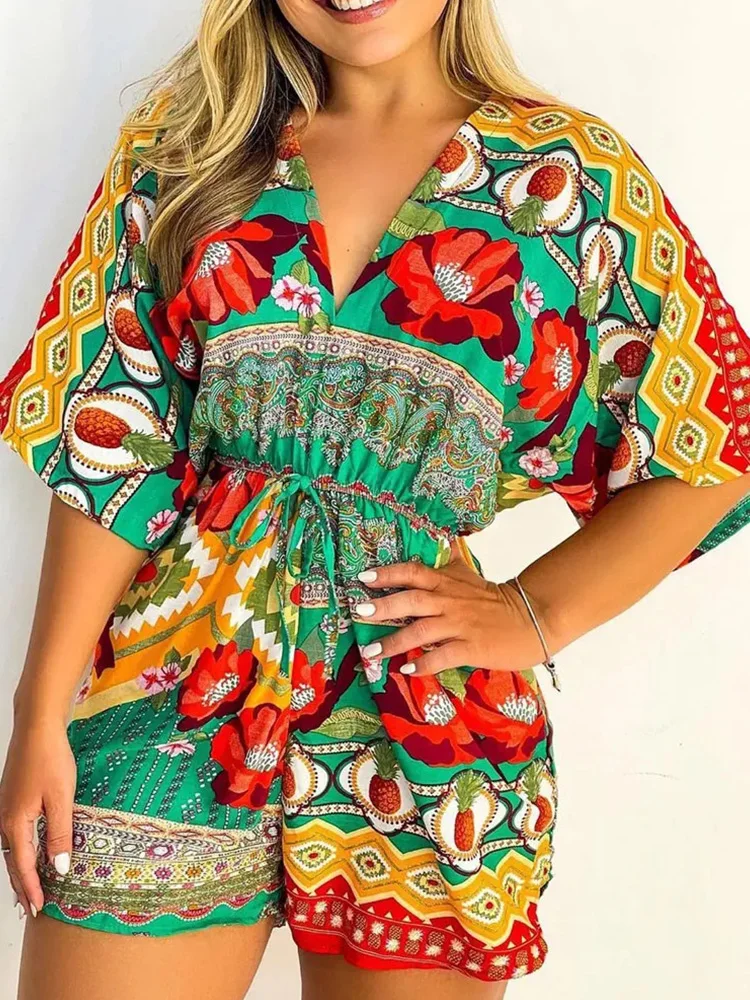 

Floral Pineapple Print V-Neck Drawstring Rompers Women Summer Playsuit
