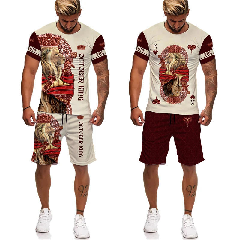 Summer Men Two Piece Set King Ace Spade Lion Poker 3d Print T-shirt/shorts/suit Hip Hop Streetwear Casual Harajuku Male Outfit