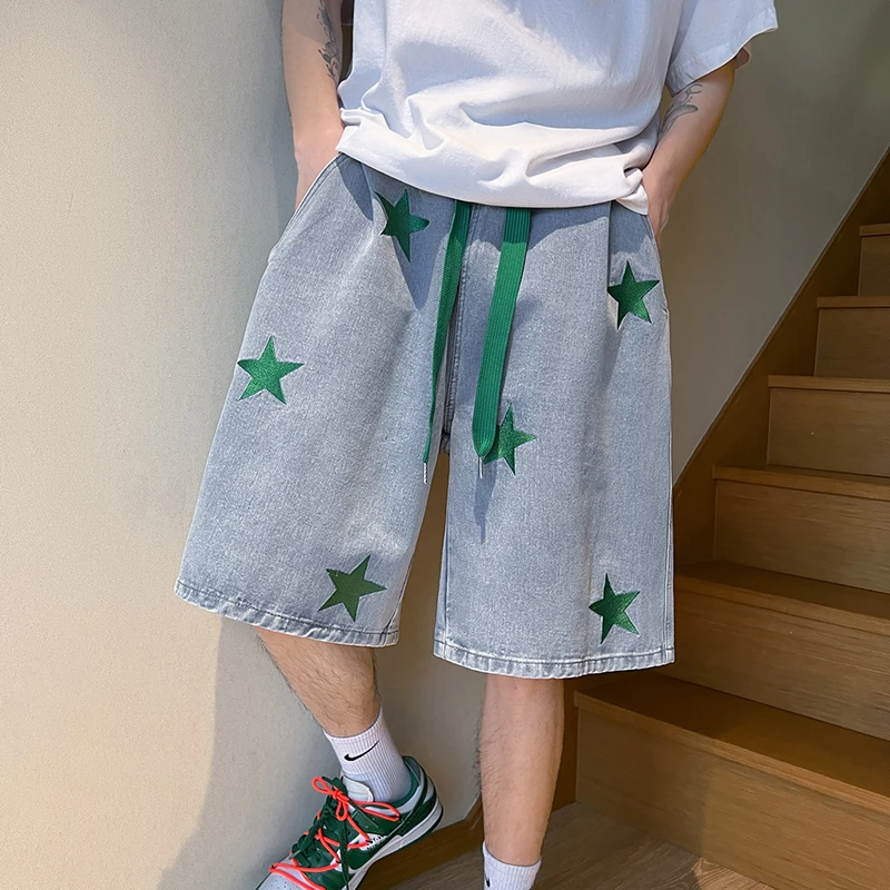 Джинсовые шорты с вышивкой эластичным поясом и кулиской для мужчин идеально