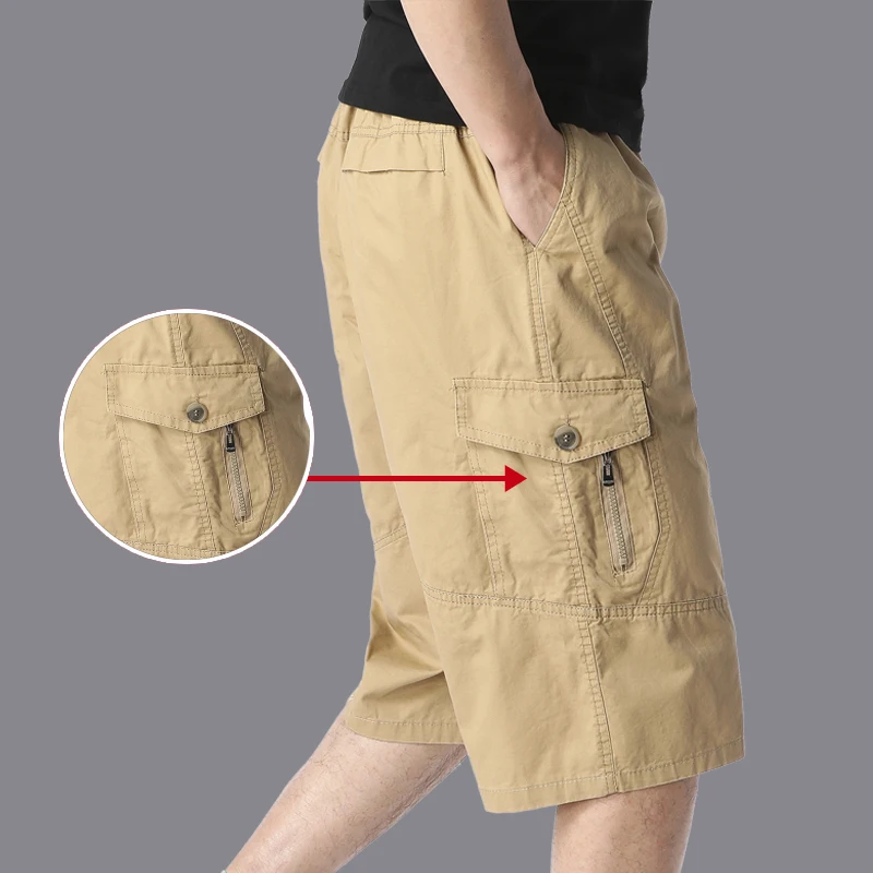 Overalls Men's Summer Shorts Cargo Loose Oversized Zipper Pocket Large Size 6XL 5XL Plain Beach Pure Cotton Knee-length Pants