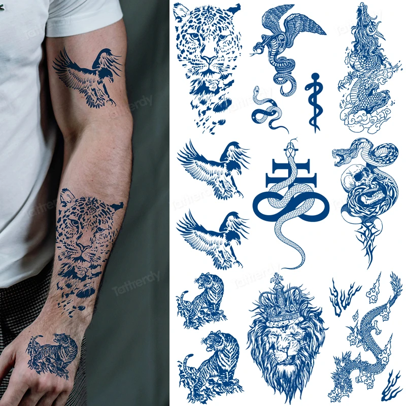 

8Pcs Animal Tiger Elk Temporary Tattoos For Men Snake Wolf Eagle Herbal Juice Fake Tattoo Sticker Scorpion King Tatoo Armbands