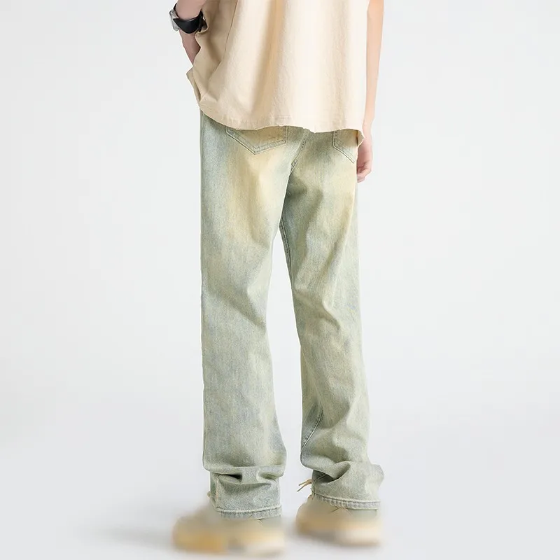 Yellow Mud Color Jeans Men's Straight Pants American High Street Washed Pant Baggy Trunks Korean Oversize Male Trouses